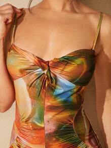 SHEIN Unity Abito canotta donna estivo con stampa completa, nodo intrecciato e orlo asimmetrico plissettato