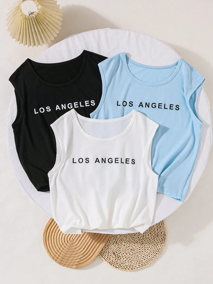 少年夏季休閒字母印花無袖背心內衣，3入組