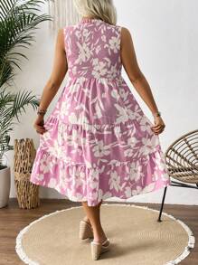 SHEIN VCAY Plus Size Round Neck Floral Print A-Line Ruffle Hem Sleeveless Dress For Summer - Pink - View 2