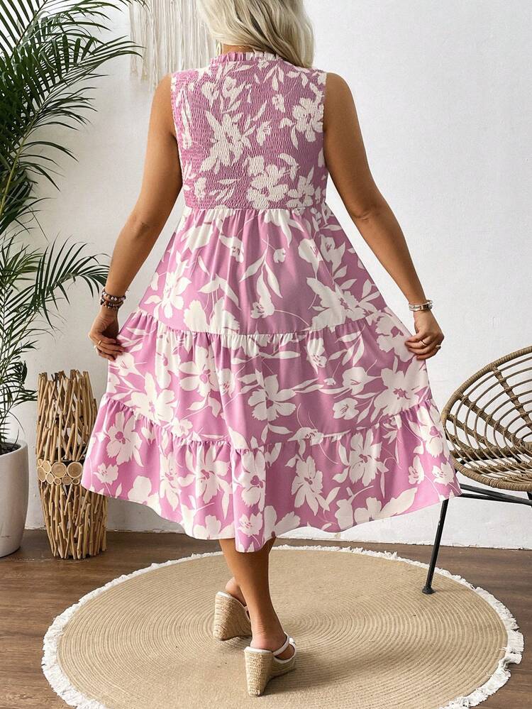 Plus Size Round Neck Floral Print A-Line Ruffle Hem Sleeveless Dress For Summer