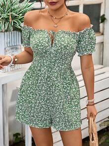 SHEIN VCAY Monos playeros con estampado floral con hombros descubiertos para mujeres - Verde - Ver 6