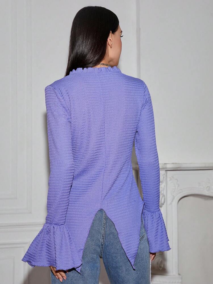 Women's Pleated Design Long Sleeve Top With Flounce Hem