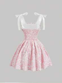 SHEIN MOD Women Pink Floral Print Belted Vintage Court Flared Skater Dress Pink Short Dress, Grad Dress, Pastel Dresses For Women, Valentine Outfits, Elegant Dresses, Pink Dress, Wedding Guest Dress For Women, Spring/Summer Outfits, Tea Party Outfit Women, Cottagecore Dress, Holidays, Birthday, Festival, Tea Party Dress, Floral Dress - Pink - View 2