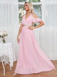 SHEIN Belle Jurk met glitterlint en split met open schouder en taille