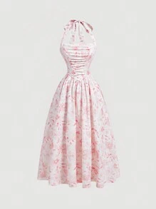 SHEIN MOD Plus Size Phụ nữ lãng mạn Màu hồng Màu nước Hoa cà vạt cổ Váy xếp ly - Hồng - Xem 1