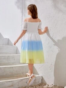 Tween Girl Summer Shirred Cold Shoulder Casual Gradient Dress For Beach Vacation