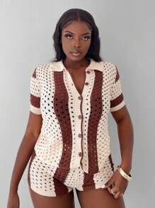 Slaydiva Holiday Beach Casual Loose Short Sleeve Shirt And Tight Shorts Color Block Hollow Out See-Through Women's Knitted Sweater Set - C