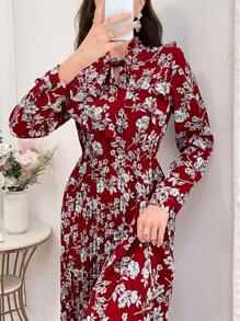 Mulvari Elegant Floral Allover Print Long Sleeve Midi Dress With Cinched Waist For Spring/Summer For New Year Clothes Maxi Women Outfit Fall Cloth For Women - Red - View 7