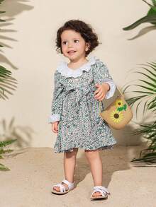 SHEIN Cute Mommy And Me Vacation Style Floral Pattern Patchwork Dress With Lace Trimmed Peter Pan Collar, Knit Waistband And Long Sleeves For Baby Girls - Mint Blue - View 6
