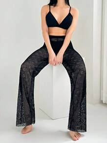 SHEIN Ladies' Beach Vacation Solid Color Hollow See-Through Cover-Up Jumpsuit