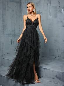 Women's Sexy 3D Embroidered Patchwork Sheer Ruffle Hem High Slit Dress, Formal Evening Gown Black Elegant Prom Wedding Guest Dress, For Graduation, Dinner Party Dress - 黑色 - 查看 4