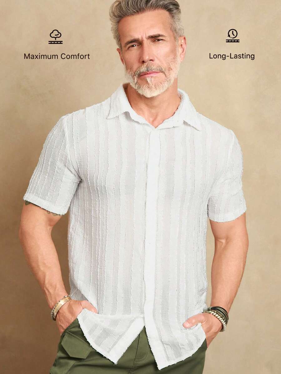Manfinity Homme Camicia uomo a maniche corte, colore unito con colletto alla coreana e bottone frontale per outfit casual estivi