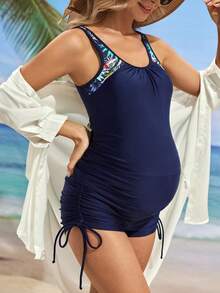 SHEIN Maternity Summer Beach Vacation Contrast Tropical Print Tankini Set, Maternity Bathing Suit - Multicolor - View 3