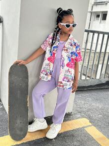 SHEIN Chemise à impression de dessin animé à deux dimensions, débardeur et pantalon cargo mignons à la mode pour les filles préadolescentes - Prune - Voir 1