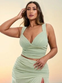 SHEIN BAE Plus Size Damski Letni Wakacyjny Odświeżający Zielony Elastyczny Siateczkowy Bez Rękawów Marszczony Uniwersalny Top Bez Ramiączek Szerokich