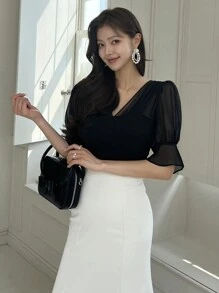 DAZY 女式撞色网眼透视腰部收腰喇叭袖衬衫夏季荷叶边 - 黑色 - 查看 5