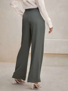 Anewsta 質感老錢風格對稱壓褶腰帶設計女士綠色西裝褲 - 綠色 - 查看 6