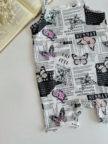 SHEIN Baby Girl Tidning & Butterfly Printed Casual Romper med upphängda remmar för sommaren - Multifärgad - Visa 6