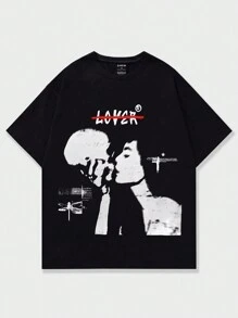 Manfinity Dauomo Men's Summer Character & Slogan Printed Round Neck Casual Short Sleeve T-Shirt - Black - View 1