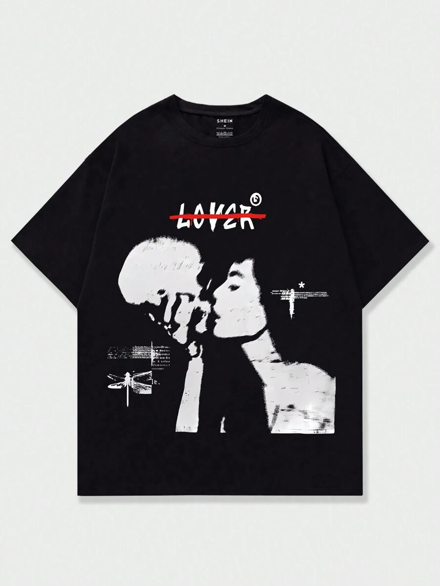 Manfinity Dauomo Men's Summer Character & Slogan Printed Round Neck Casual Short Sleeve T-Shirt - Black - View 1