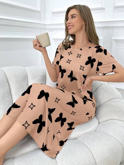 Able Women Butterfly Allover Print Short Sleeve Pajama Night Dress