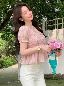 DAZY Women Ruffle Hem All-Over Print Summer Shirt Babydoll Top