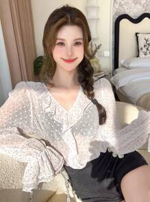 DAZY 女式波点宽松长袖荷叶边透视衬衫 - 白色 - 查看 8