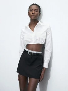 Maija 女装夏季双层腰线条纹拼接商务休闲毕业典礼复古优雅通勤直筒裙 - 黑色 - 查看 8