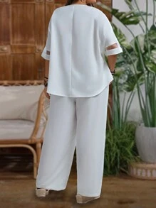 EMERY ROSE Plus-Size Plain Embroidered Patchwork V-Neck Top And Wide Leg Pants 2pcs/Set,Spring/Summer/Vacation - White - View 3