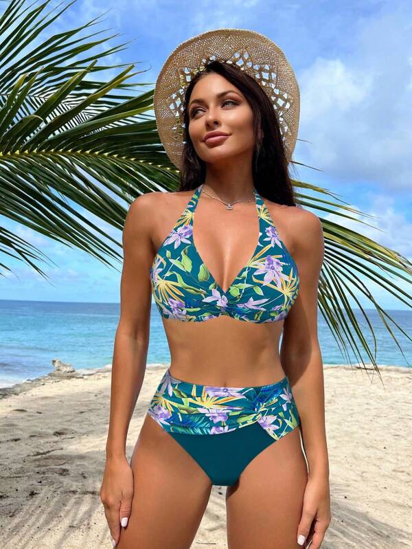 Swim Lushoire Set de bikini cu imprimeu floral și plante pentru femei pentru vacanța de vară, plaja de vară