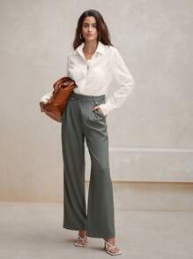 Anewsta 質感老錢風格對稱壓褶腰帶設計女士綠色西裝褲 - 綠色 - 查看 5