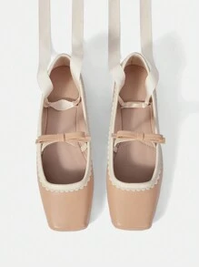 CUCCOO DOLLMOD 可爱蝴蝶结巴黎舒适方头低帮平底女鞋度假鞋夏季 - 粉色 - 查看 6