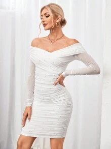 SHEIN Tall Vestido blanco con hombros descubiertos decorados con perlas para mujer - Blanco - Ver 3