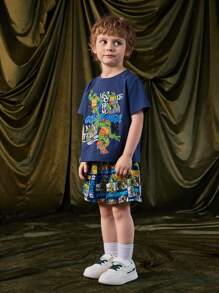 TEENAGE MUTANT NINJA TURTLES X SHEIN Set estivo da ragazzo giovane con Maglietta e pantaloncini casual a stampa di cartoni animati e lettere cool