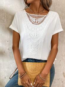 SHEIN LUNE Women's White Summer Off-Shoulder Floral Embroidery Customized Collar Casual Short Sleeve T-Shirt - White - View 1