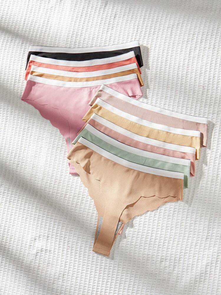 Women's 9-Pack Color-Block Thong Panties With Scallop Trim Waist