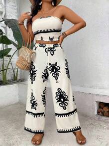 SHEIN Clasi 大尺碼女性復古風格無肩帶上衣和褲子套裝 - 杏色 - 查看 3