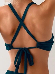SHEIN Swim Bộ bikini gợi cảm ngực chéo màu trơn dành cho nữ đi biển mùa hè cho kỳ nghỉ - Màu xanh ngọc - Xem 5
