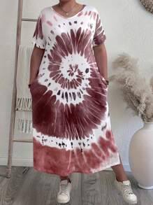 SHEIN LUNE 加大碼扎染短袖側開叉連衣裙，適用於度假和日常休閒 - 彩色 - 查看 1