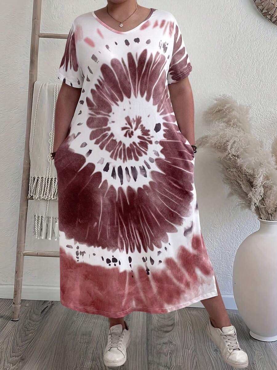 SHEIN LUNE 加大碼扎染短袖側開叉連衣裙，適用於度假和日常休閒 - 彩色 - 查看 1