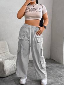 Flirla Plus Size Baggy Cargo Pants With Drawstring Waist And Multidimensional Pockets For Casual Wear - Light Grey - View 4