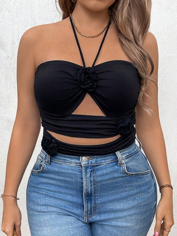 SHEIN VCAY Plus Size Women's Hollow Out 3D Floral Decor Halter Neck Cami Top For Summer