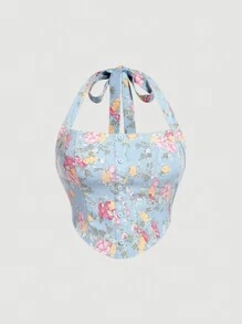 SHEIN MOD Conjunto de camisa azul con estampado floral, decoración de botones y dobladillo en forma de arco, y falda plisada para primaveraverano - Multicolor - Ver 3