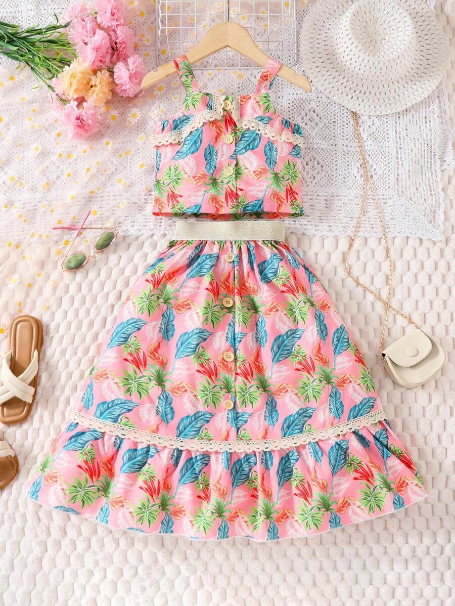 SHEIN Kleine Mädchen Zweiteiler mit bedrucktem Spaghetti-Träger Kleid mit schulterfreiem Design und Spitzensaum