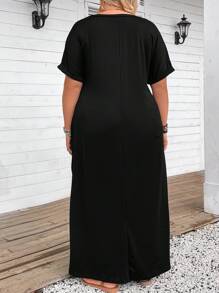 SHEIN CURVE+ Vestido largo minimalista de manga corta y holgado para mujer de talla grande - Negro - Ver 2