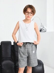 SHEIN T恤少年 3入組寬鬆格子襯衫，背心和短褲套裝，休閒服裝 - 灰色 - 查看 3