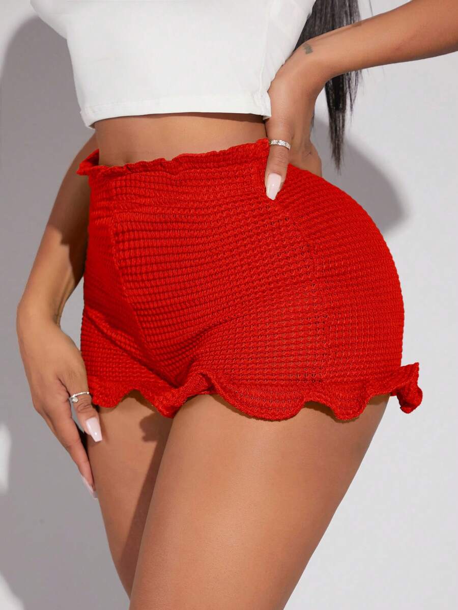 SHEIN SXY 女士褶皺蕾絲搭邊針織紙袋腰短褲，純色款式 - 紅色 - 查看 1