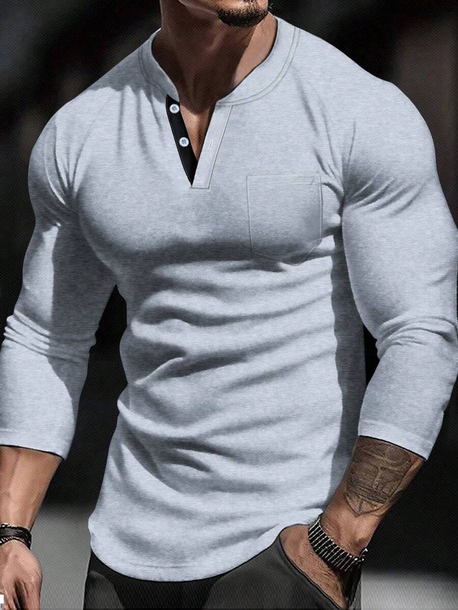 Manfinity Homme Men Plus Size Henry Collar Long Sleeve Polo Shirt - Multicolor - View 1