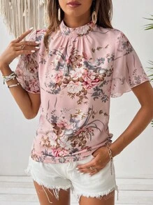 Camisa de manga corta y cuello elevado con estampado floral plisado para vacaciones y ocio