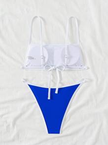 SHEIN Swim Conjunto de bikini deportivo con diseño de bloques de colores azul y blanco, para el verano